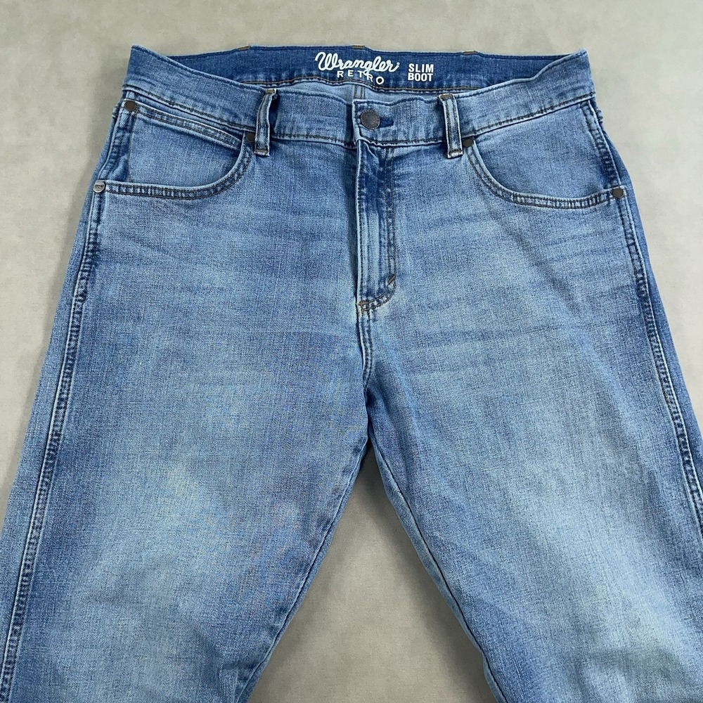 Wrangler Retro Slim Boot Jeans Mens 34x32 Light Wash Denim Bootcut Pants - Picture 3 of 15